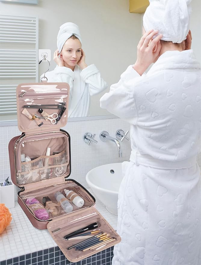 BALHLHG Toiletry Bag for Women With Hanging Hook, Medium Travel Makeup Organizer, Water-resistant Cosmetic Toiletries Bag for Bathroom, Trip, Business, Rosewood-Pink