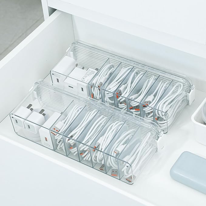 Yesesion 4 Pack Clear Cable Storage Box for Desk Drawer, Plastic Cord Organizer with Lid for Wire Ties, Electronics Accessories, Phone Charger, Art Crafts, Pencils, Marker Pen, Crayons Holder
