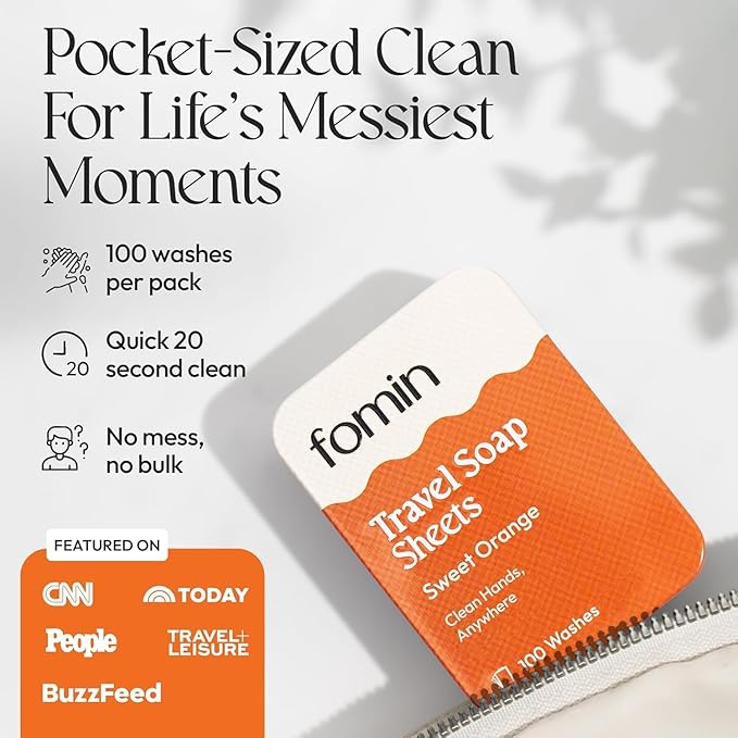 FOMIN - Antibacterial Paper Soap Sheets Tin for Traveling - (300 Sheets) Orange - Portable Travel Hand Soap Sheet, Dissolvable Mini Camping Hand Soap for Hand Washing