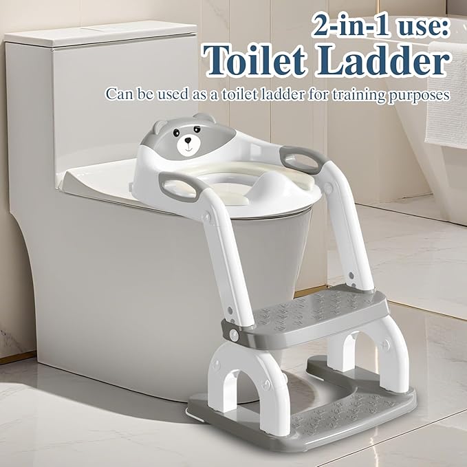 Potty Training Seat for Toddlers, Adjustable Height 2-in-1 Potty Training Toilet Ladder for Kids Boys Girls with Splash Guard, Waterproof Cushion, Anti-Slip Pad Step Stoo - Grey