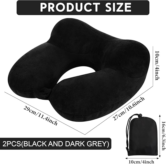 Sintuff 2 Pack Inflatable Travel Pillow for Airplanes Inflatable Neck Flight Pillows with Compact Bag and Blindfold for Traveling, Airplane, Train, Car, Office(Black and Dark Gray)