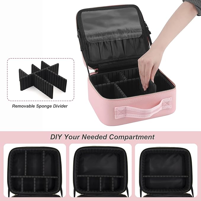 Travel Makeup Bag with Magnetic Removable Lighted Mirror, Cosmetic Bag Organizer with Mirror 360° Angle, Tri-Color LED Lighted Makeup Case, Portable Makeup Travel Train Case with Adjustable Dividers