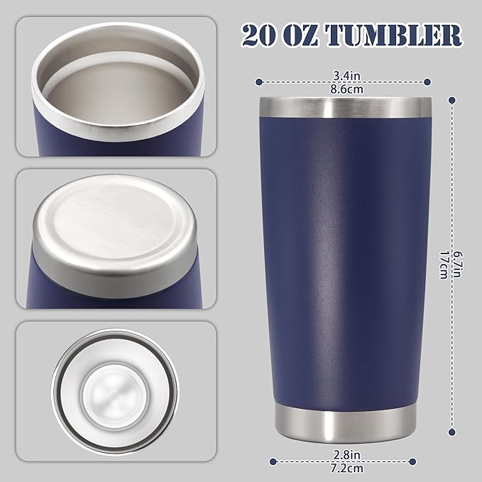 20 oz Tumbler with lid Double Wall Vacuum Insulated Tumblers Stainless Steel Coffee Mug Travel Coffee Tumbler Powder Coated Tumbler Cup Keep Hot&Cold - (Navy 6 Pack)