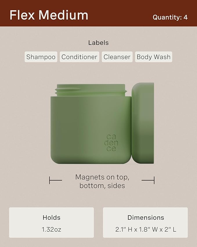 Cadence Travel Containers - Daily Routine Capsule Set - Magnetic Containers with Lids,4 Flex Mediums (1.32oz) & 3 Flex Smalls (0.56oz) - Shampoo, Conditioner, Body Wash, Pills, & More - Pacific