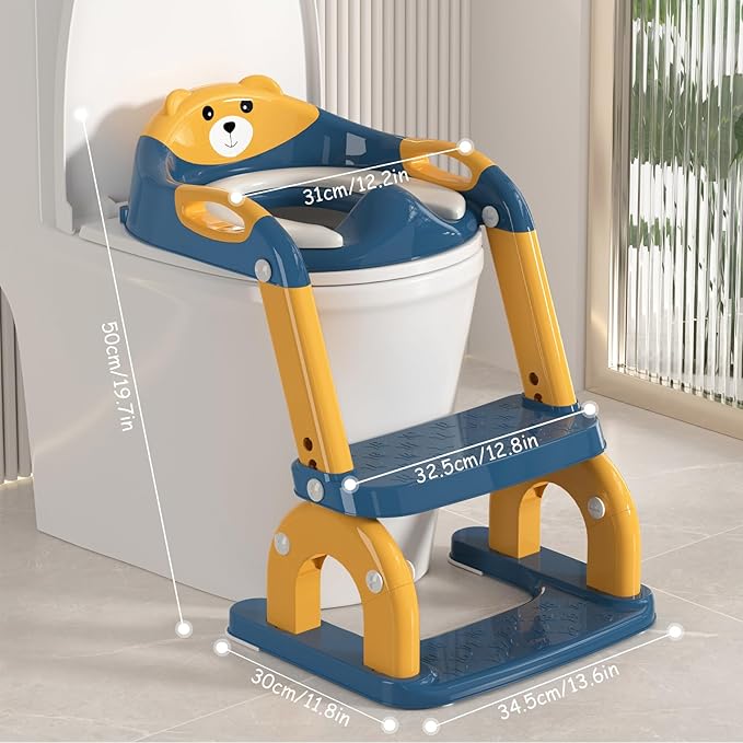 Potty Training Seat for Toddlers - Upgrade 2-in-1 Toilet Seat Toilet Ladder for Kids Children Boys Girls, Anti-Slip Pad & Adjustable Height with Waterproof PVC Cushion - Dark Blue