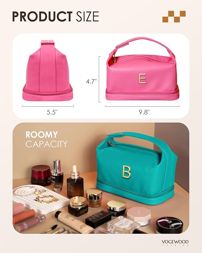 Letter Gifts for Women Birthday, Monogrammed Makeup Bag with Handle, Initial Double Layer Cosmetic Bag with Makeup Brush Organizer, Cute Cosmetic Pouch for Women, Gift for Friends Female Mom