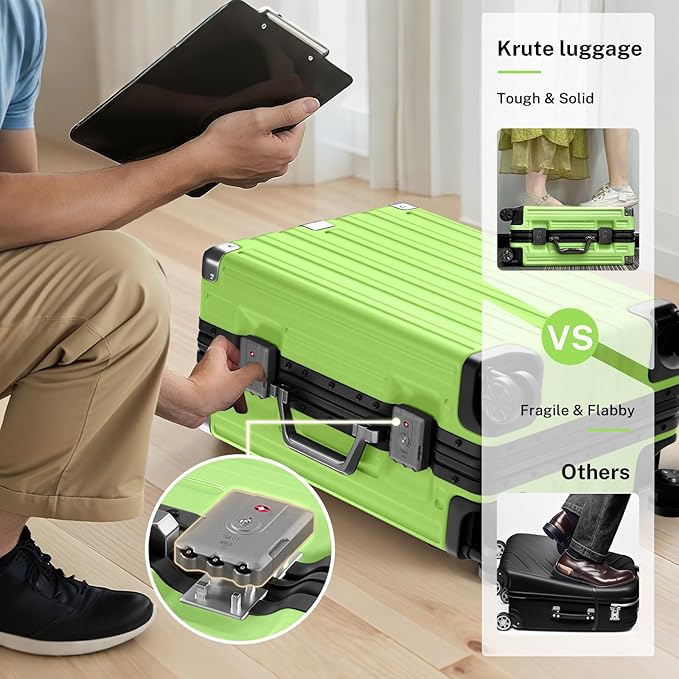Krute Checked Aluminum Frame Suitcase 24 Inch Zipperless Luggages Hardside PC Luggage With Spinner Wheels TSA Lock USB Charger Suitcases(1 Piece)