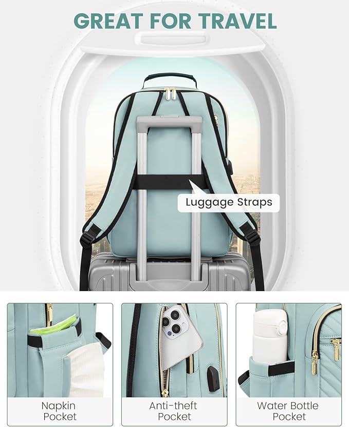 LOVEVOOK Laptop Backpack for Women, Travel Computer Work Bags with 17-inch Laptop Compartment, College School Student Bag Teen Backpacks For Girls, Outdoor Carry On Backpack Purse, Mint Green