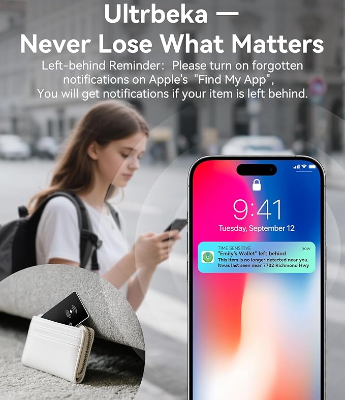 Ultra-Thin Air Tag Wallet Tracker Card 0.07in IP68 Waterproof Bluetooth Tracker for Wallets, Passport, Work with Apple Find My, Wireless Charging, Anti-Loss Card Locator [Apple MFi Certified] iOS Only