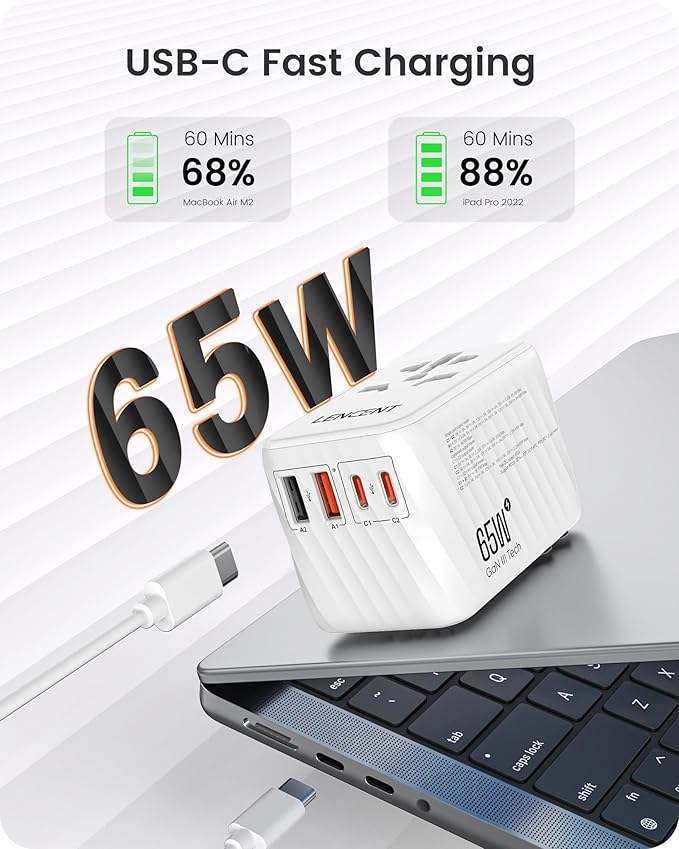 LENCENT Universal Travel Adapter, 65W GaN International Fast Charger with 2 PD3.0 Type C+2 QC USB A, Worldwide Power Adaptor for Phones,Laptops, All in One Travel Essentials for EU/USA/UK/AU, White