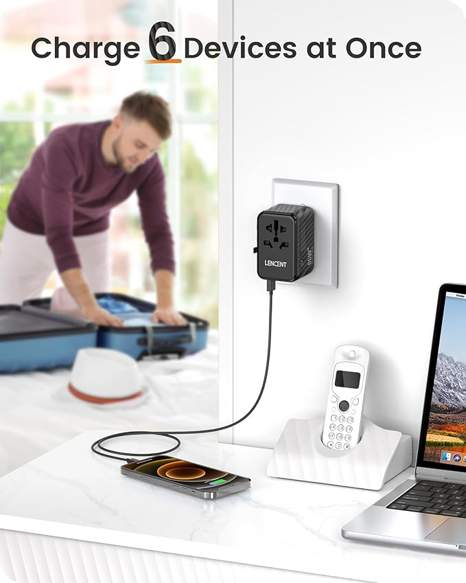 LENCENT International Travel Adapter, 65W GaN3 Universal Fast Charger with 2 USB A + 3 Type C PD, Worldwide Power Adaptor for Phones,Laptops, All in One Travel Essentials for EU/USA/UK/AU, Black