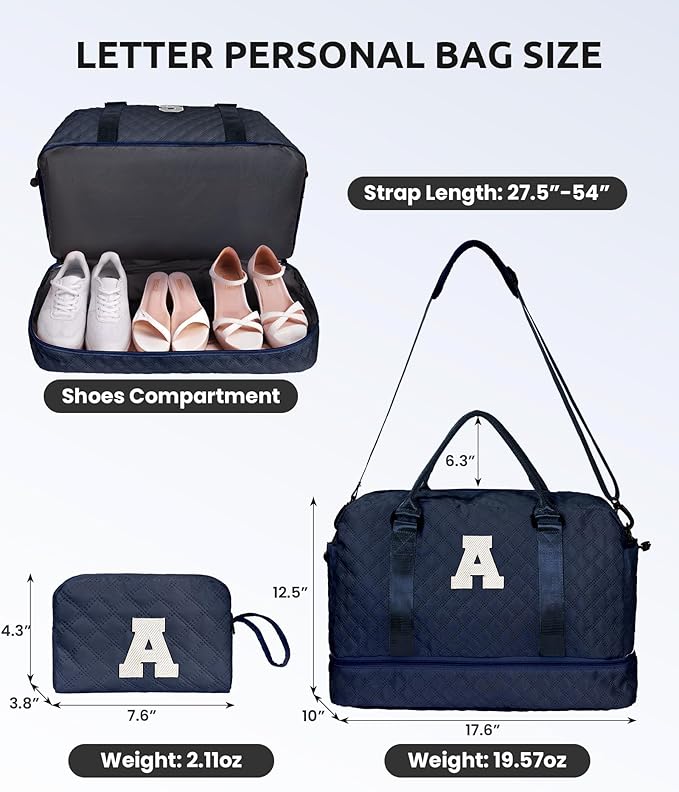 Women's Initial Duffle Bag - Personalized Weekender with Shoe & Makeup Compartments, Monogram Overnight Bag (Letter A)