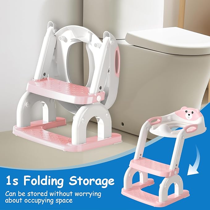 Potty Training Seat for Toddlers - Upgrade 2-in-1 Toilet Seat Toilet Ladder for Kids Children Boys Girls, Anti-Slip Pad & Adjustable Height with Waterproof PVC Cushion - Pink