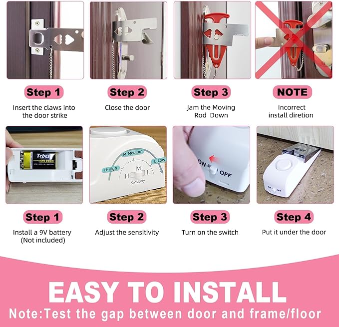 Portable Door Stop Alarm, No Installation Required, Provides Security for Home, Hotel and Traveling(2 Pack Door Stop)