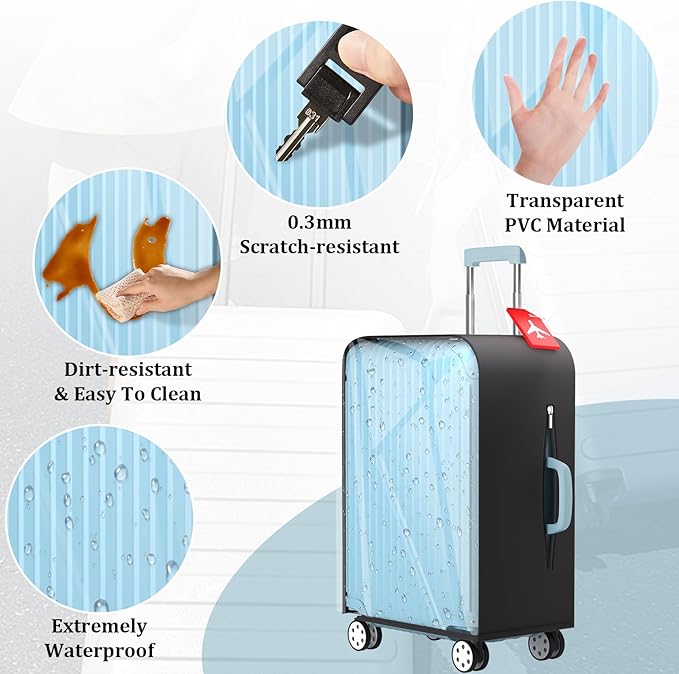 Upgraded Clear TPU Luggage Cover Protector with Black Stretchable Sides, Fit 28 Inch Wheeled Suitcase TSA Approved, Waterproof & Anti-Scratch, Includes Free Red Luggage Tag