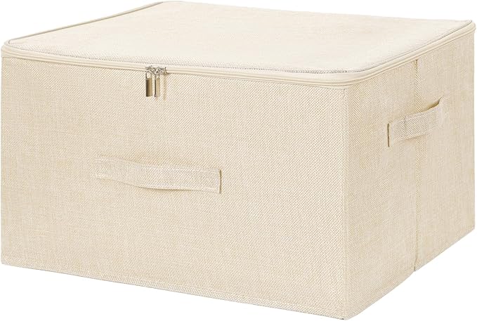 ANMINY 2PCS Storage Bins with Zipper Lids 51.9 Qt Lidded Fabric Storage Boxes Baskets Cubes with Handles Collapsible Washable Cotton Linen Closet Shelf Clothes Organizer - Beige, Extra Large