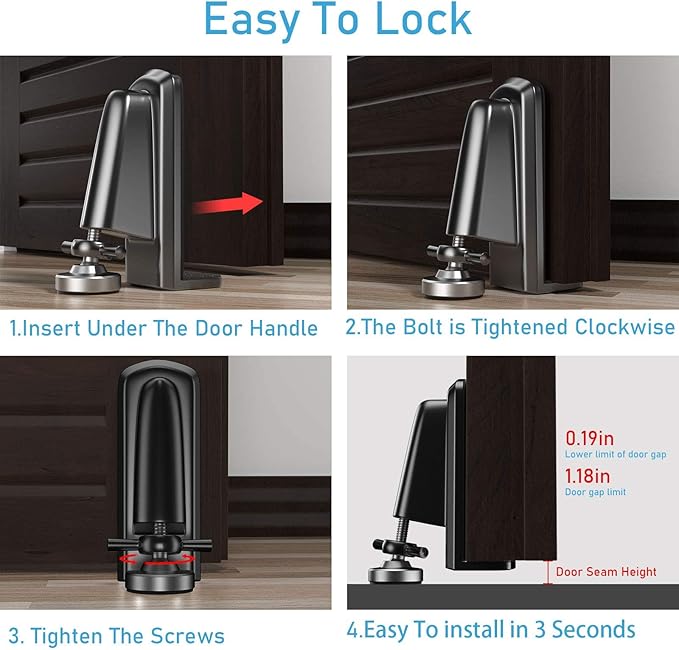 Door Jammer Door Stopper, Portable Door Security Lock for Travel/Apartment/Safety Self Defense/Personal Protection, Aluminum Alloy Anti-Slip Door Lockdown Security Device (Black)