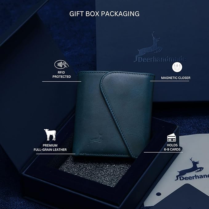 Leather RFID Wallet for Men, Slim Leather Mens Wallet, Handcraft Men's Wallets, Card Cases & Money Organizers, Magnetic Closure Sleek RFID Blocking Thin Mens Wallets with 9-12 Card Slots & Gift Box