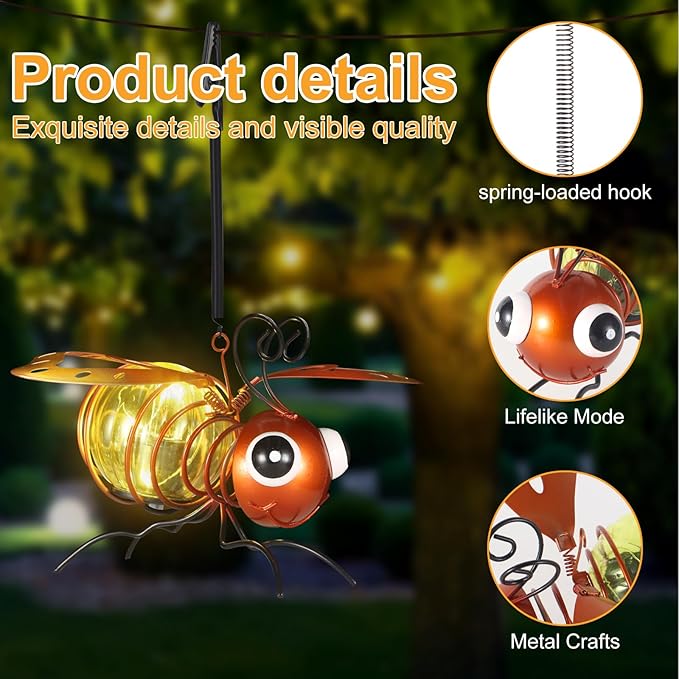 Bee Solar Outdoor Hanging Lantern Creative Small Sculpture Lights Durable Waterproof Lamp Suitable for Festivals Garden Decor Birthday Gifts for Grandma Mom Women Girl