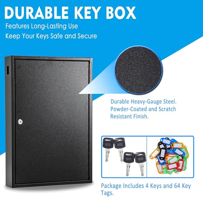 UMEKEN Key Box Wall Mount 64 Position Metal Valet Key Cabinet Lock Box with Key Tags, Key Holder Lockbox Key Organizer Safe Storage Locker Box, Black