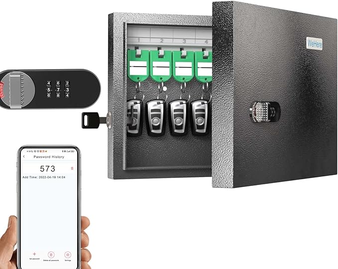 WeHere Key Lock Box, Wall Mount Key Cabinet With 16 Key Tags & Combination Lock - Mini ERP - Great for Valets, Hotels and House Keeps
