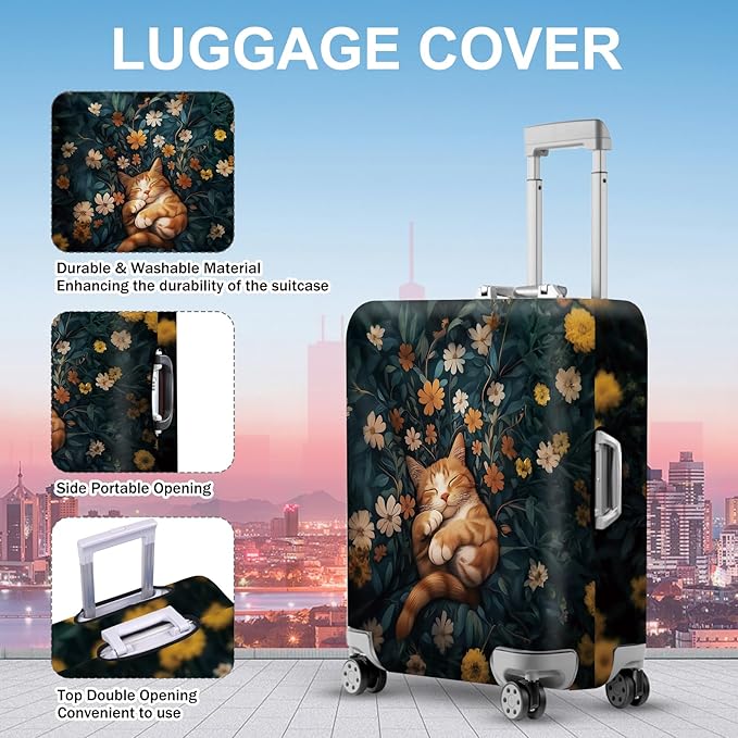 ANNA QUEEN Peaceful Cat Luggage Cover, Sleeping Cat with Floral Design, Stretchable, Washable Travel Sleeve for 24-26 Inch Luggage