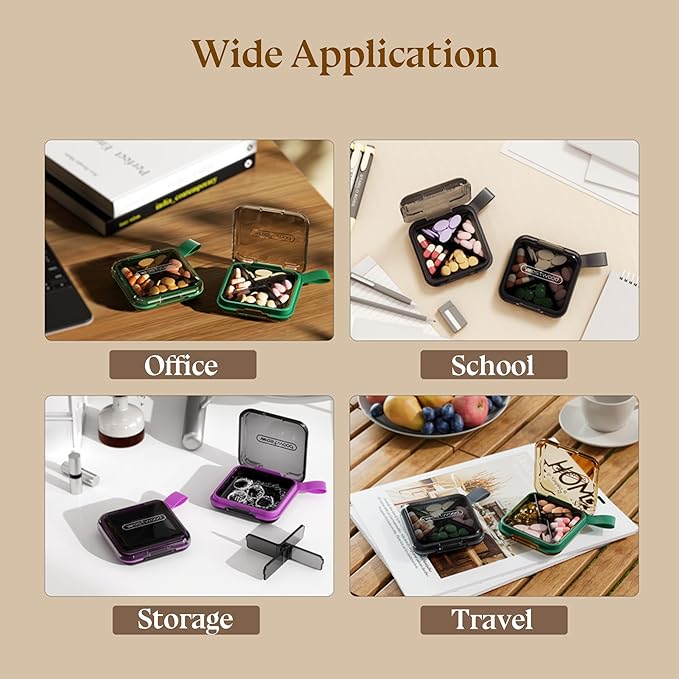 1 Pack Purple Pill Organizer with Strap, 4 Compartments, Compact Travel Pill Box Case, Portable and Moistureproof to Store Vitamins, Medication and Supplements