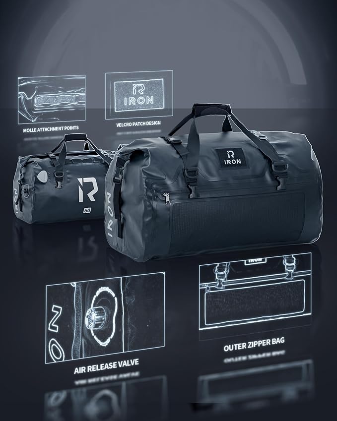 IRON JIA'S Motorcycle Dry Bag - Waterproof Duffle & Luggage Tail Bag Saddle Bags with Roll Top Closure, Shoulder Straps, Inner Pocket and Mesh Pocket (Black, 50L)