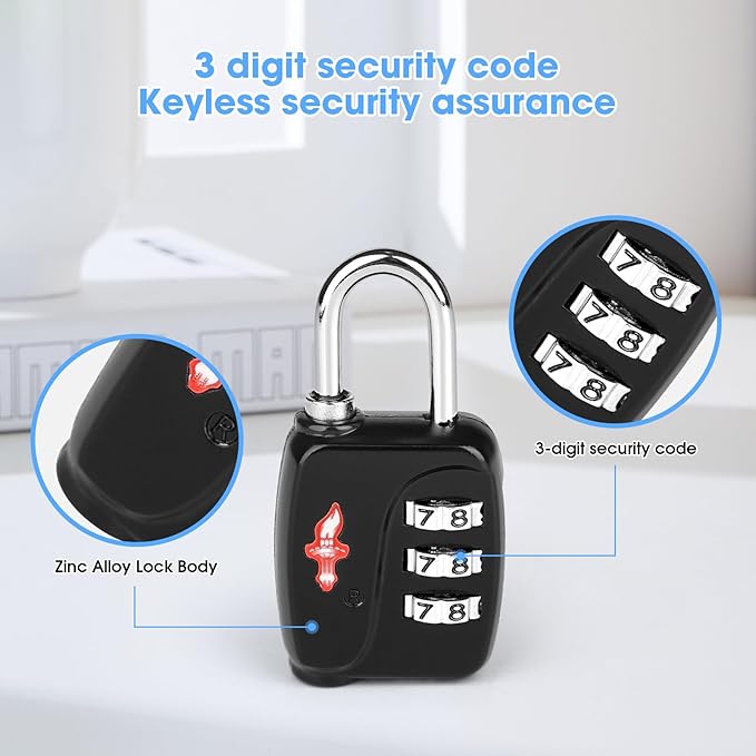 TSA Locks 6-Pack - Ultra Lightweight Travel & Gym Combo Locks (54g Each!), TSA Approved Secure Luggage Locks for Suitcases, School Backpacks, Lockers - 3-Digit Code, 2.36in Compact Design