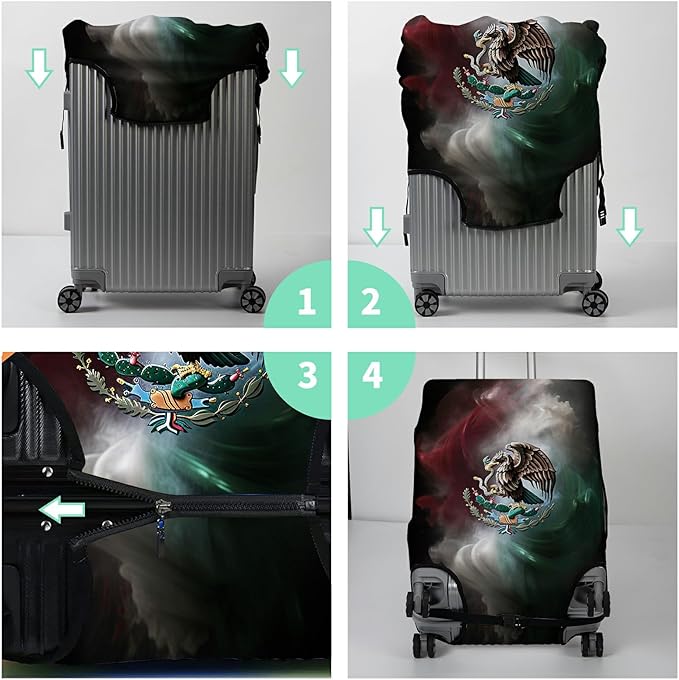 Luggage Cover + Tag, Mexican Flag Eagle Travel Suitcase Protector for 18-20 inch Luggage (S) with Concealed Zipper, Washable Elastic Cloth, Dustproof, Anti-Scratch
