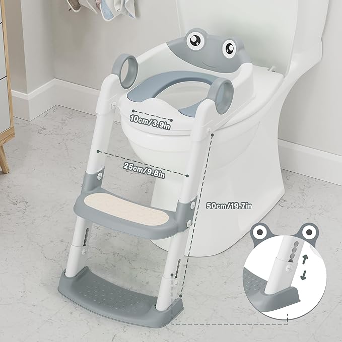 Potty Training Seat with Step Stool Ladder, Toddler Toilet Seat with PU Cushion, Adjustable 5-Level Height, Foldable Potty Training Toilet for Kids Boys Girls, Anti-Slip Pads Ladder