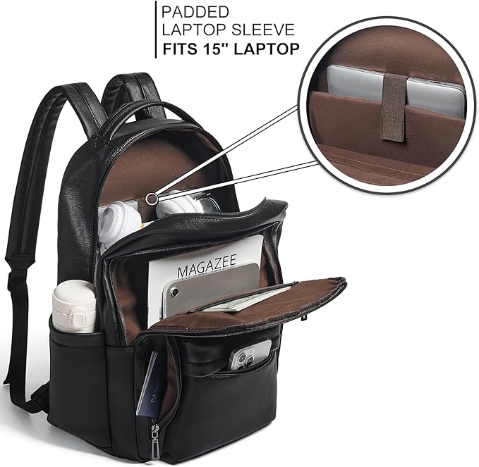 30L Business Laptop Backpack for Women Men, Travel Work Backpack Purse Faux Leather College Bookbag fits 15.6" Laptop - Black
