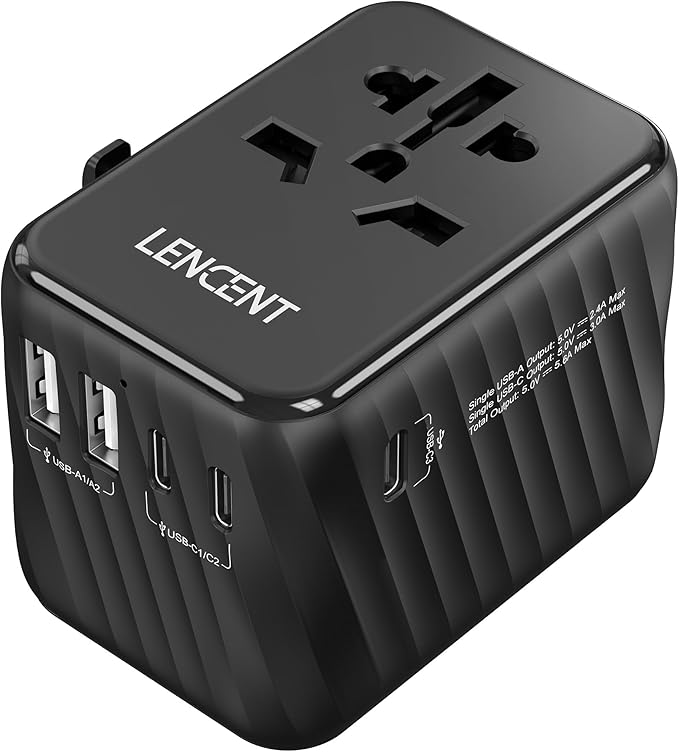 LENCENT Universal Travel Power Adapter, International AC Plug Adaptor with 5.6A 3 USB C 2 USB A Ports Wall Charger Worldwide Travel Essentials for US to EU UK Ireland Australia (Type C/G/A/I) Black