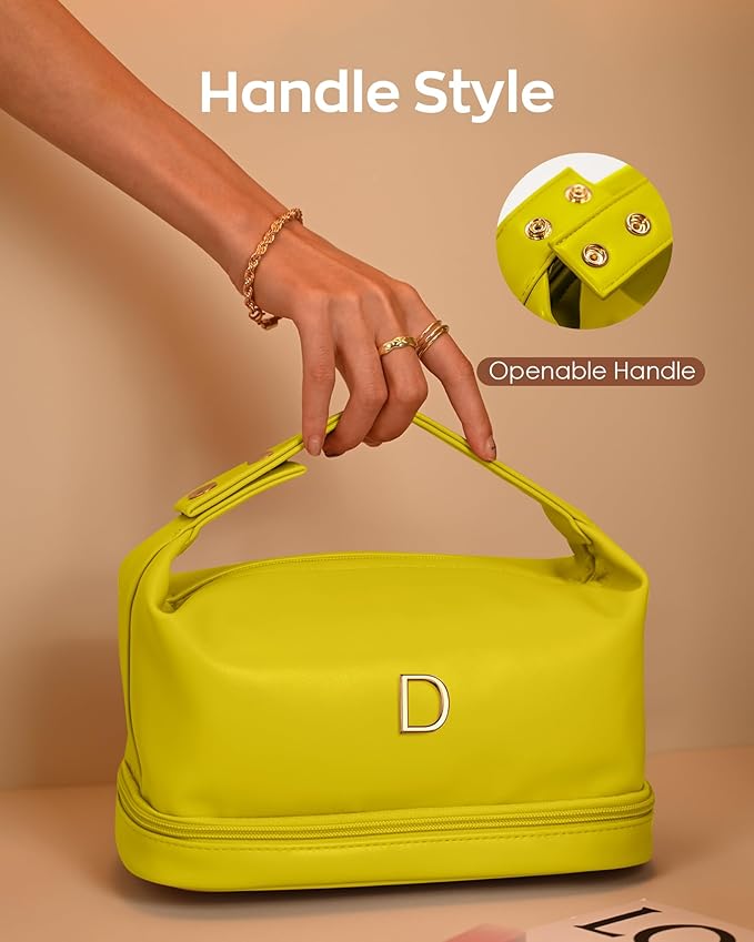 Gifts for Women, Personalized Makeup Bag with Handle, Initial Double Layer Cosmetic Bag with Makeup Brush Organizer, Cute Cosmetic Pouch for Women, Gift Ideas for Teen Girls