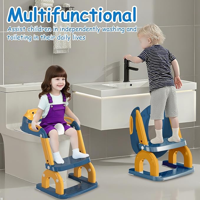 Potty Training Seat for Toddlers - Upgrade 2-in-1 Toilet Seat Toilet Ladder for Kids Children Boys Girls, Anti-Slip Pad & Adjustable Height with Waterproof PVC Cushion - Dark Blue