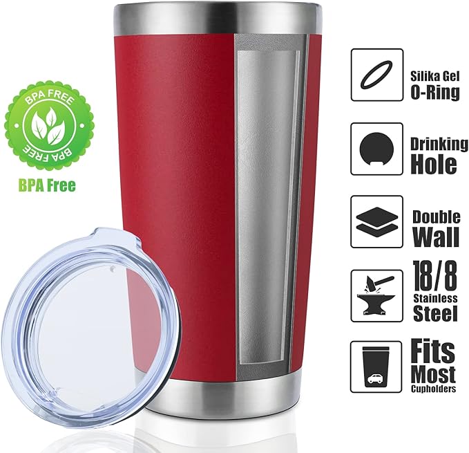 DOMICARE 20oz Stainless Steel Tumbler Bulk with Lid, Double Wall Vacuum Insulated Travel Mug, Powder Coated Coffee Cup (Powder Red, 8)