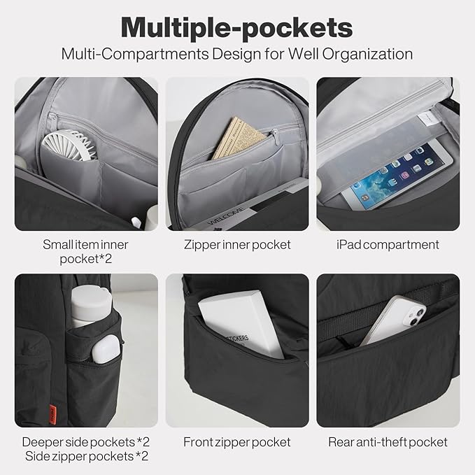 mixi Outdoor Lightweight Backpack Casual Carry On Laptop Backpack Travel Bookbag for Women Men, Water Resistant Durable Hiking Bag for Camping Weekender Sports College Work, 17 Inch, Black