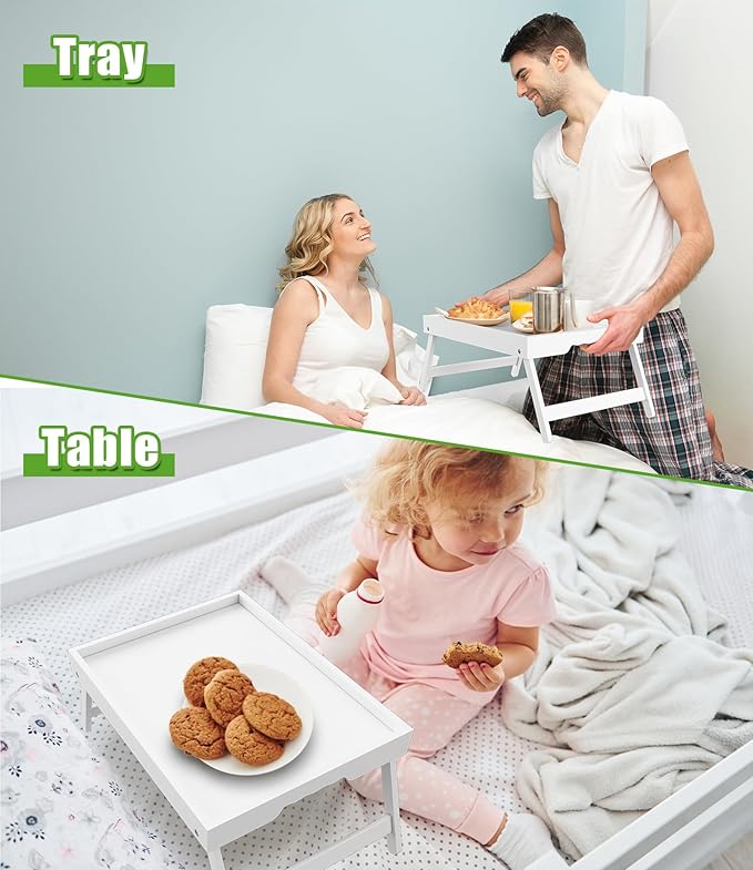 Bed Tray Table with Folding Legs,Bamboo Breakfast in Bed for TV Table,Tray,Eating,Snack Tray,Laptop Computer (White, Large)
