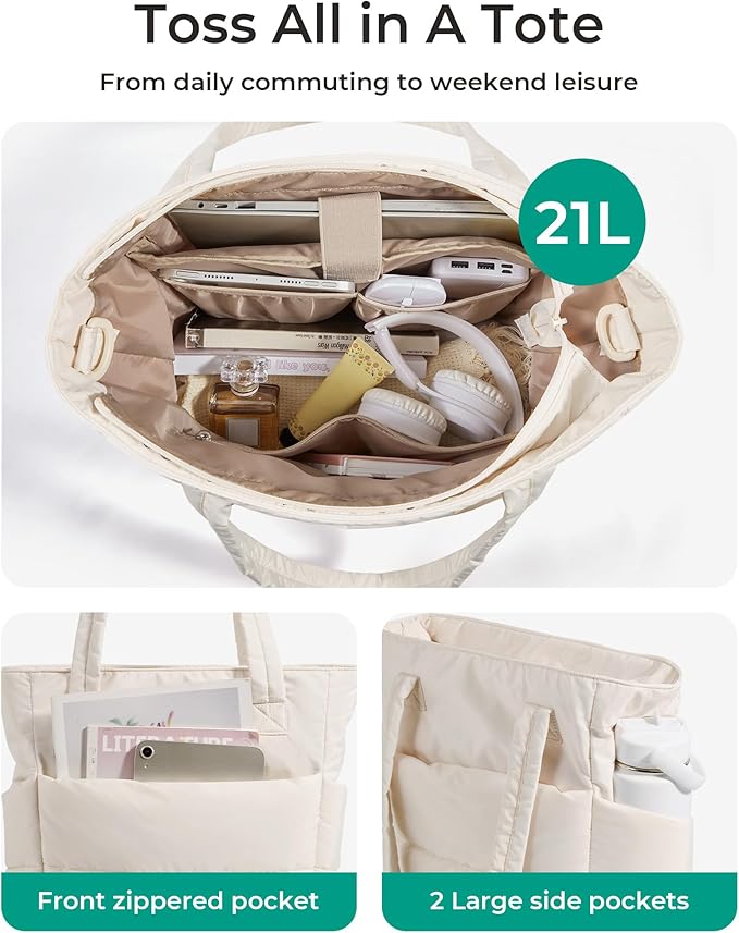BAGSMART Tote Bag for Women, Lightweight Puffy Tote Bag with Compartments Shoulder Bag Handbag for Travel, Work, Gym,