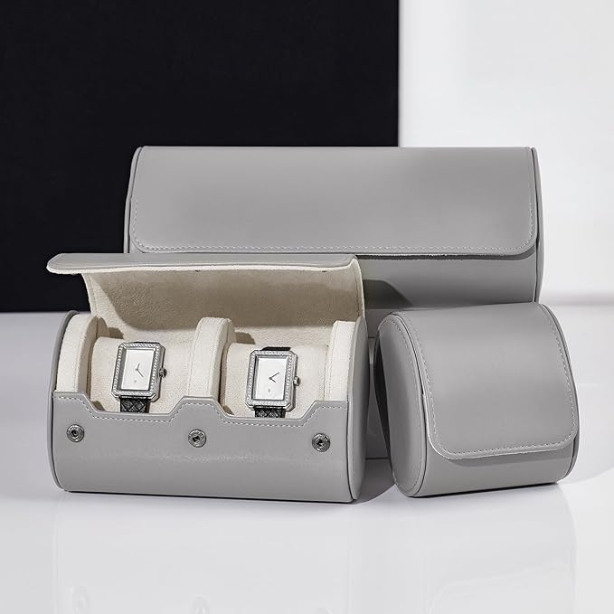 Oirlv Luxury Leather Watch Organizer Case Watch Box for Mens Jewelry Gift Box for Birthday Fathers Day Anniversary(3 slots, Grey)