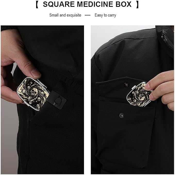 Metal 2 Compartment Pill Organizer Travel Friendly Portable Compact Pill Box Cute Pill Case,for Pocket Wallets Daily Portable Medicine Vitamin Tablet Storage (The Skeleton in The Vortex)