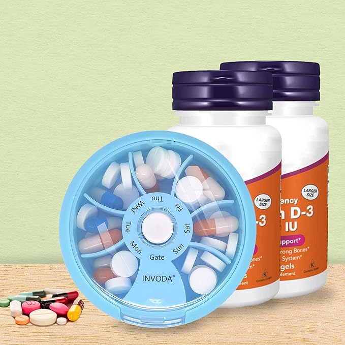 INVODA Weekly Pill Organizer 7 Compartment Rotating Pill Box for Daily Medication & Vitamins - Portable Travel Pill Case Fish Oil Supplements Vitamins Organizer (Blue+Bag)