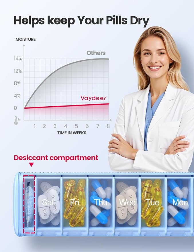 Vaydeer Metal Travel Pill Organizer, 7 Day Weekly Pill Box, Large Capacity Daily Cute Pill Case for Supplements, Pills, Vitamins and Medication (Small, Rose Gold)