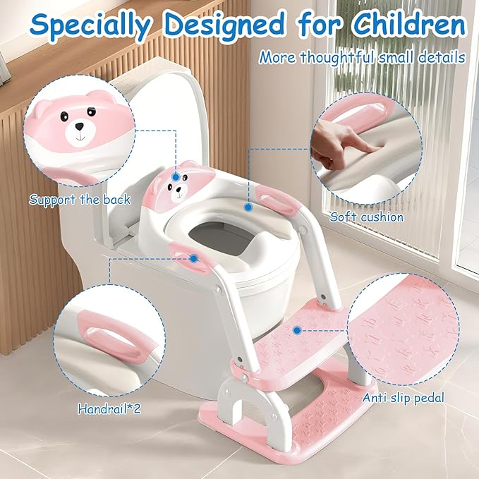 Potty Training Seat for Toddlers - Upgrade 2-in-1 Toilet Seat Toilet Ladder for Kids Children Boys Girls, Anti-Slip Pad & Adjustable Height with Waterproof PVC Cushion - Pink