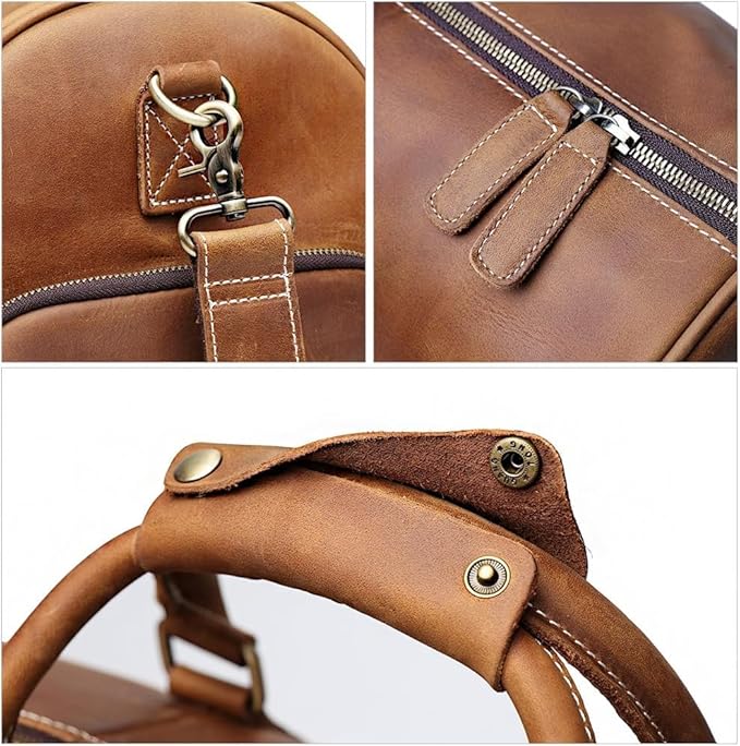 Mullis Mercantile Leather Weekender Travel Bag, a timeless classic. This vintage leather duffle bag is perfect for airline carry on, full-grain leather, a retro design, gym, and a YKK zipper in brown.