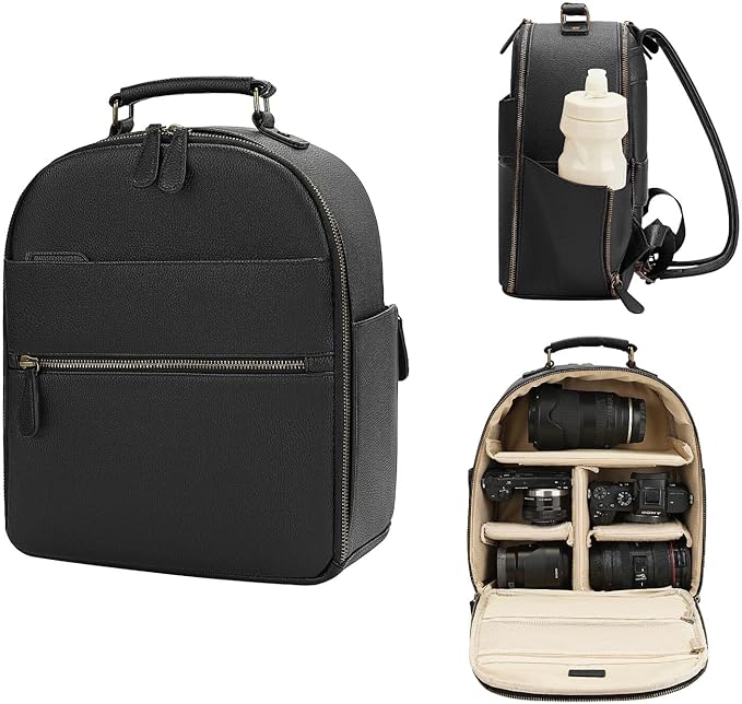 Small Camera Backpack, Classic PU Leather with 11 Inch Pad/Tablet Compartment, Professional Camera Bag for Photographers for DSLR, 10L Black