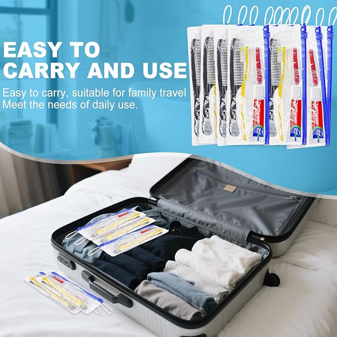 Personal Hygiene Kit Bulk Pack of 30,Yellow Disposable Toothbrushes with Toothpaste Floss Comb Cover and Hotel Vanity Set Basic Travel Toiletry Kit Supplies for Homeless,Charity,Guests