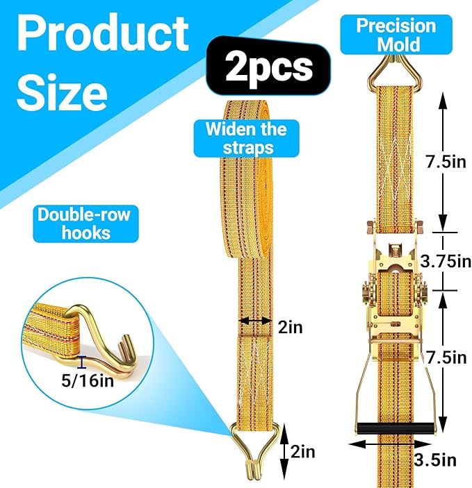 2Pack Ratchet Straps Heavy Duty, 2” 32Ft Tie Down Straps Ratchet, Tie Down Ratcheting with Double J Hook, 4000 LB Break Strength Cargo Strap Ratcheting for Moving, Trailers, Motorcycles and Car Roof