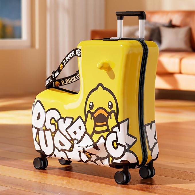 Ride on Kids Luggage with Wheels for Girls and Boys,Hard-sided Kids Rolling Suitcase for Toddler,Carry On 21 Inch Ages 3-6,Yellow