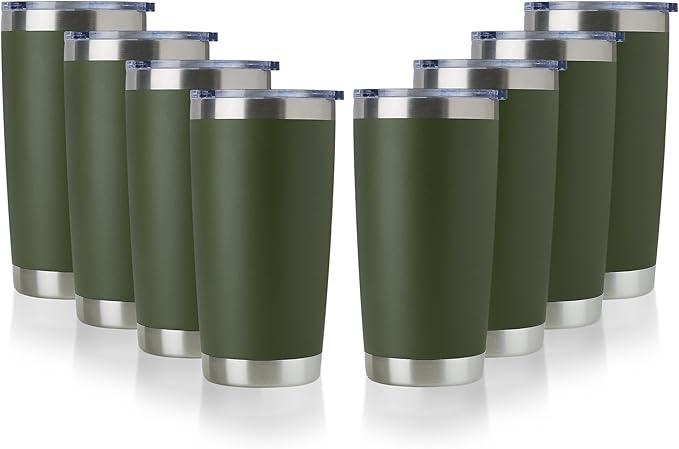 DOMICARE 20oz Stainless Steel Tumbler Bulk with Lid, Double Wall Vacuum Insulated Travel Mug, Powder Coated Coffee Cup, Army Green, 8 Pack